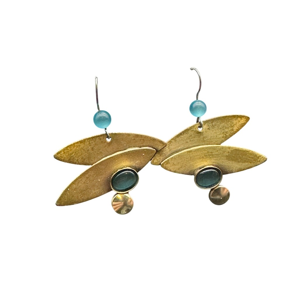 Vintage 80s Hand Made in Canada Brass Layered Leaf Earrings Blue Stone Modernist